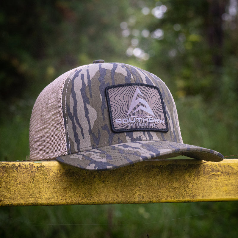 Load image into Gallery viewer, Bottomland camo hunting hat with Southern Outdoorsmen topo patch
