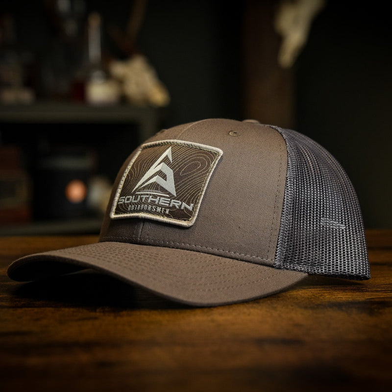 Load image into Gallery viewer, Chocolate and grey brown earthtone hunting hat with Southern Outdoorsmen patch
