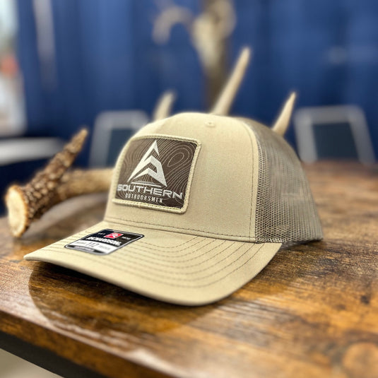 Pale khaki and loden earthtone hunting hat with Southern Outdoorsmen patch